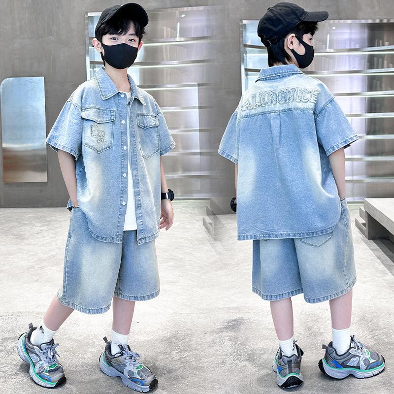 

Детский летний джинсовый костюм для мальчиков, летний комплект из двух предметов, тонкий летний укороченный дизайн 170