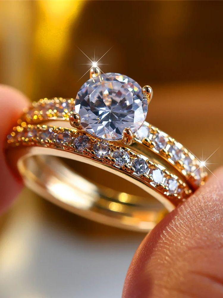 

Crystal Female White Zircon Round Stone Ring Set Fashion Vintage Gold Color Bridal Wedding Engagement For Women 10