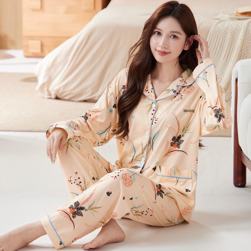 Plus Size Floral Pajama Set: Spring & Autumn, Long Sleeve, Comfortable Japanese Style for Middle-Aged Moms, Indoor/Outdoor Wear
