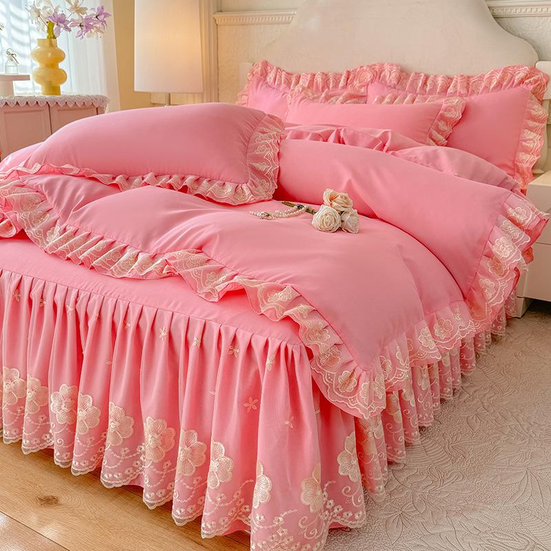Princess Lace Ruffle Bed Skirt Set (3-4 Piece) - Pure Color Duvet Cover and Sheet.