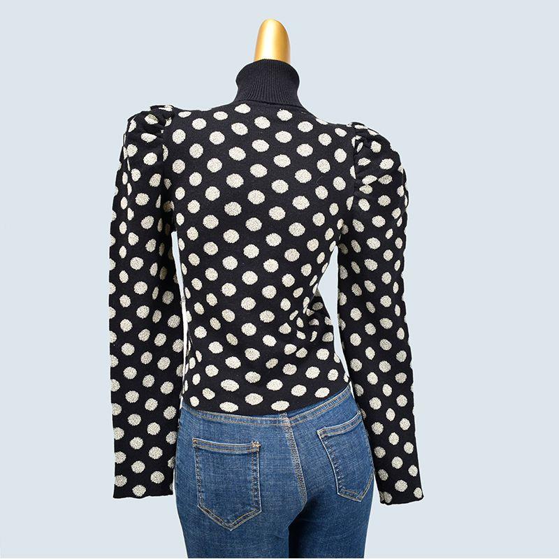 Turtleneck Dot Knitwear Short Stylish Puff Sleeves Gold Thread Long Sleeves Tops