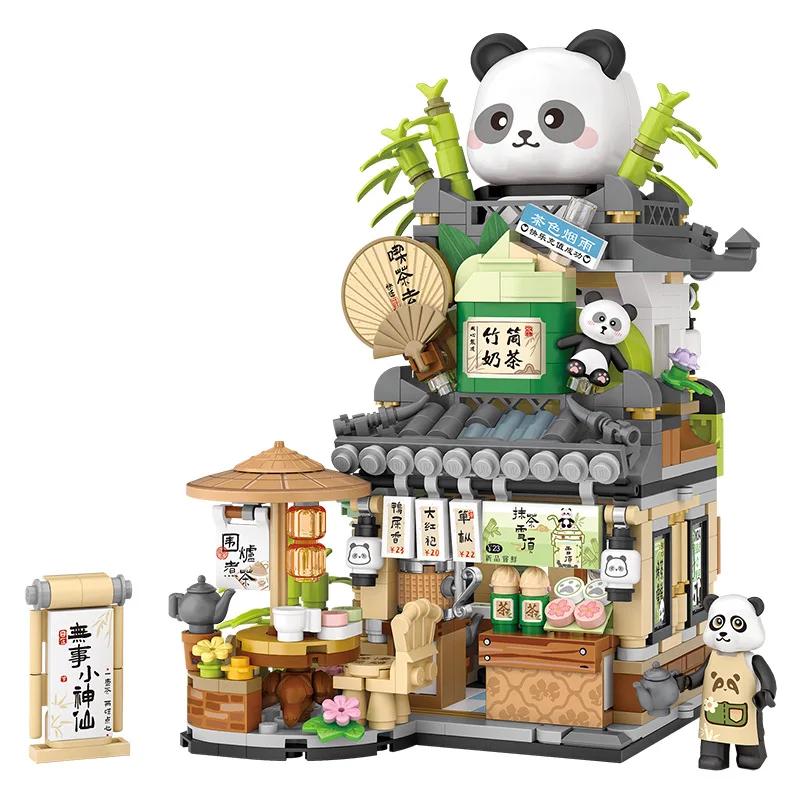 

Cute Panda Tea House Mini Building Blocks City Street View Folding Store Assembled Ornaments for Adults and Children Toy Gifts
