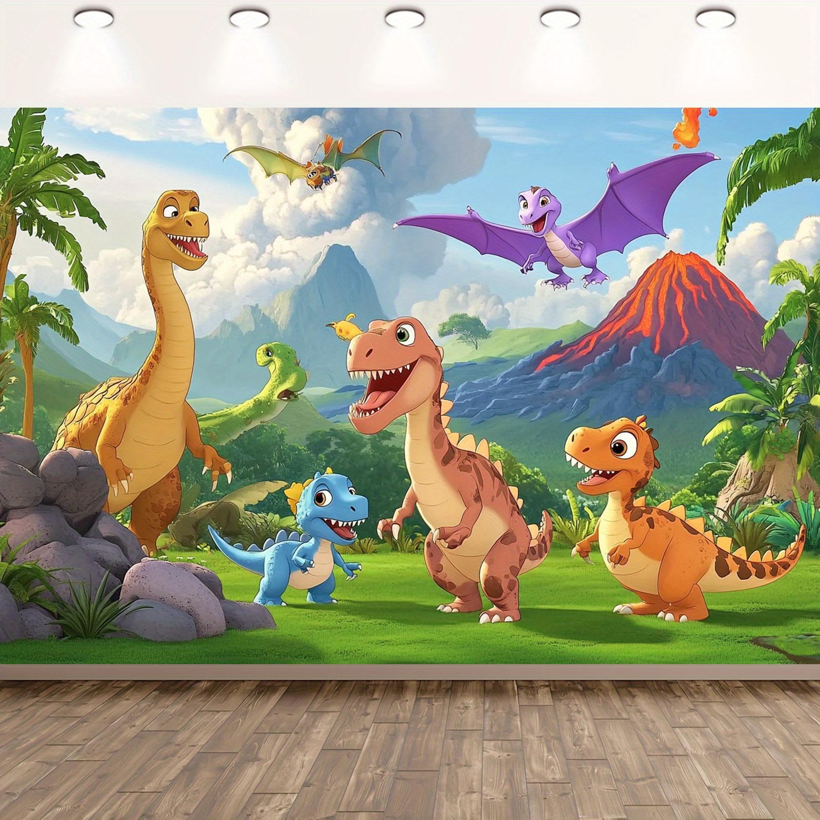 Dinosaur themed background flag, cartoon dinosaur and grassland scenes, multifunctional party decoration 100x150cm