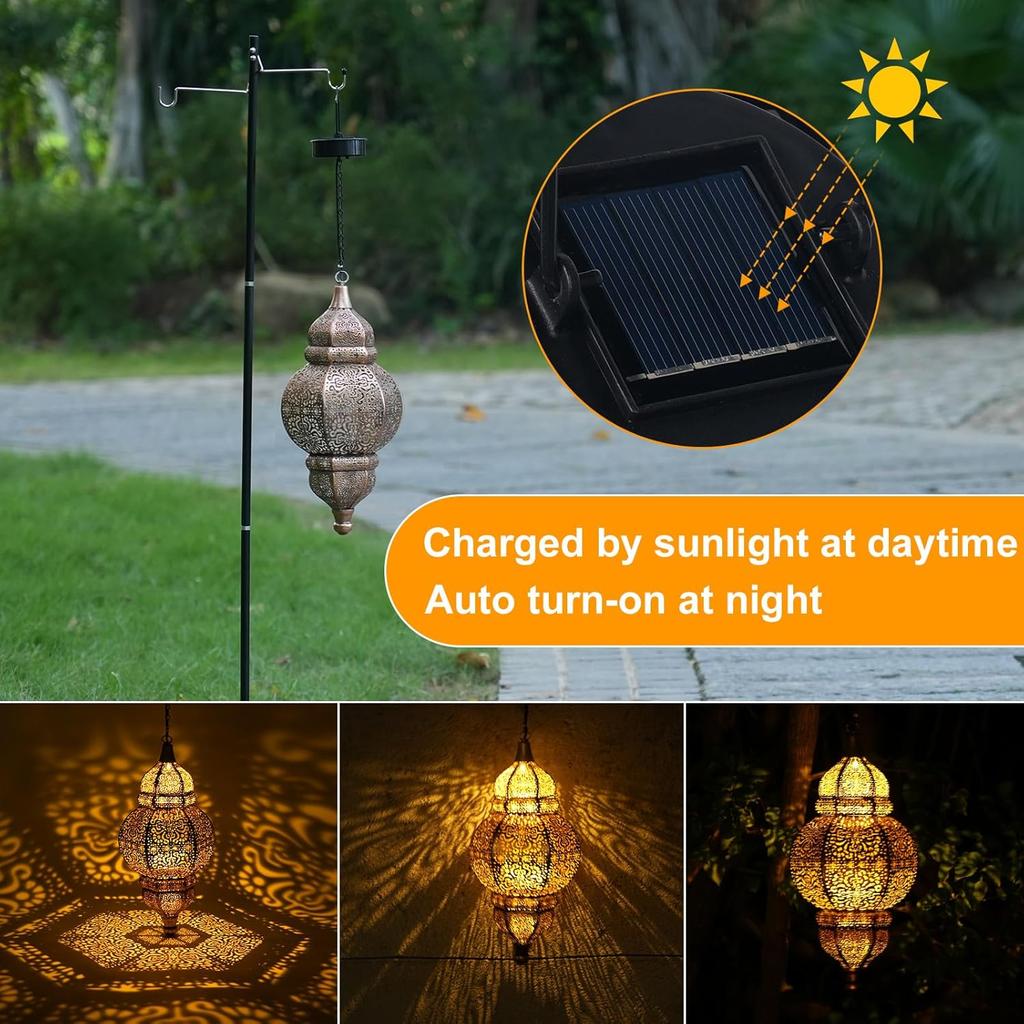 Hanging Solar Lights, Outdoor Decor Solar Lantern, Waterproof Metal Moroccan Lantern for Outside Patio Pathway Yard Front Porch Backyard Garden