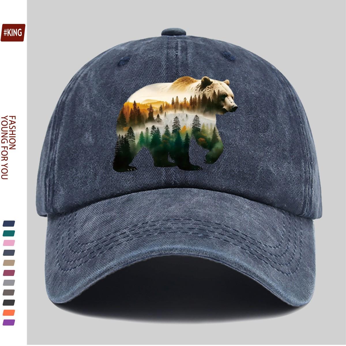 Forest Bear Silhouette Baseball Cap Washed Cotton Adjustable Hiking Outdoor Adventure Unisex Hat One Size