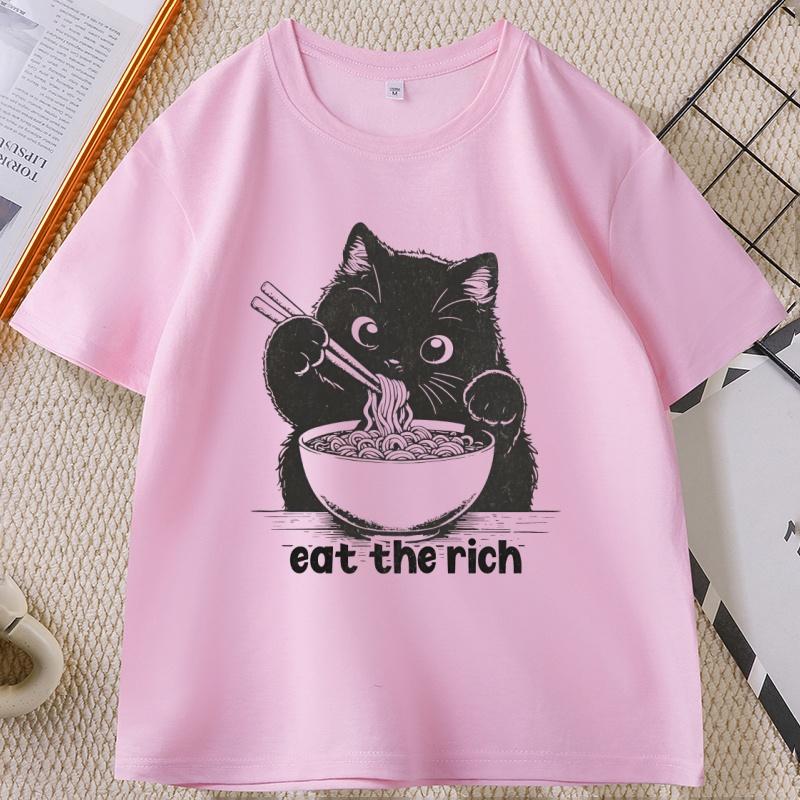 Eat The Rich T-Shirt Lustige Katze RaUnisex T-Shirt Unisex Damen Lässiges Kurzarm-T-Shirt Weiche Fitness Sommerkleidung Streetwear