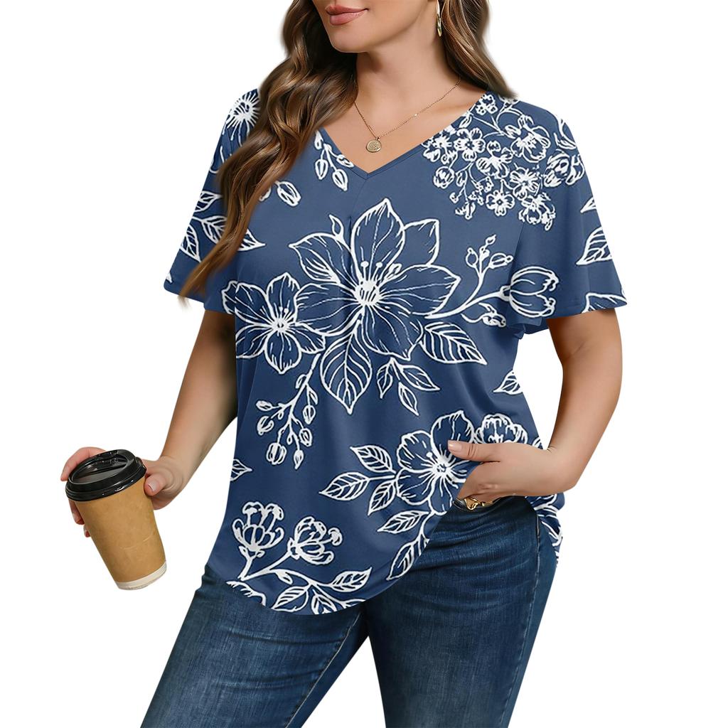 Women's Plus Size Fashionable Casual Loose-Fit Short Sleeve Elegant V Neck Blouse For Work