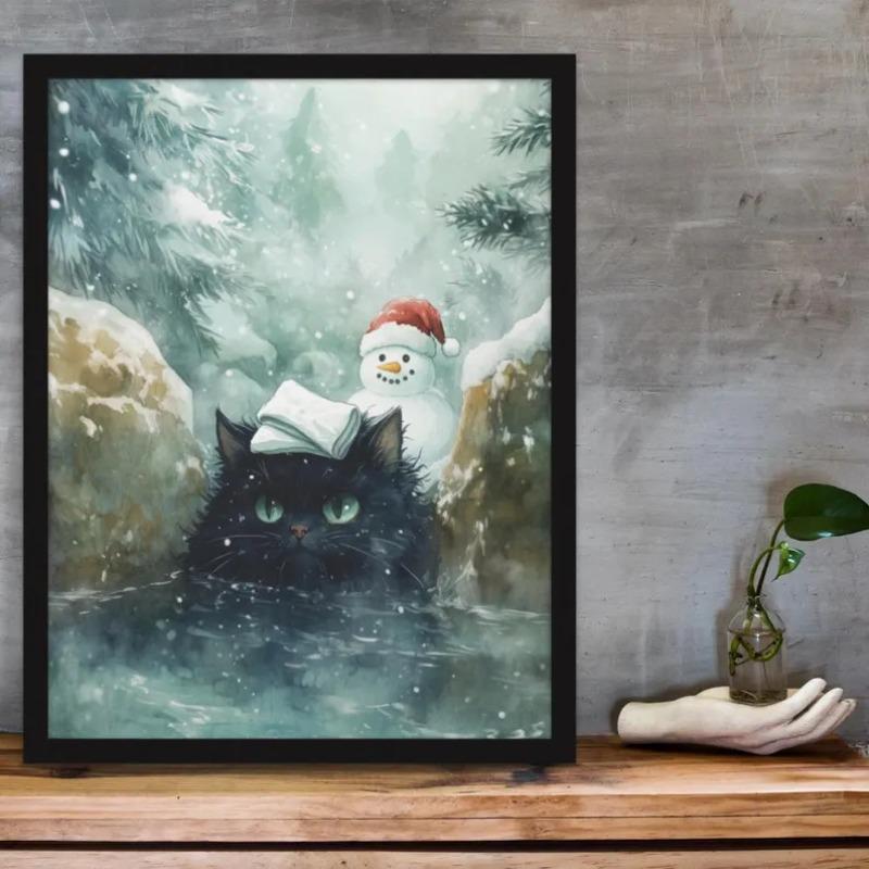 

Black Cat Onsen Christmas Poster, Winter Hot Spring Snowman Print, Japanese Forest Holiday Wall Art, Funny Cat Christmas Decor 21X30CMNo Framed