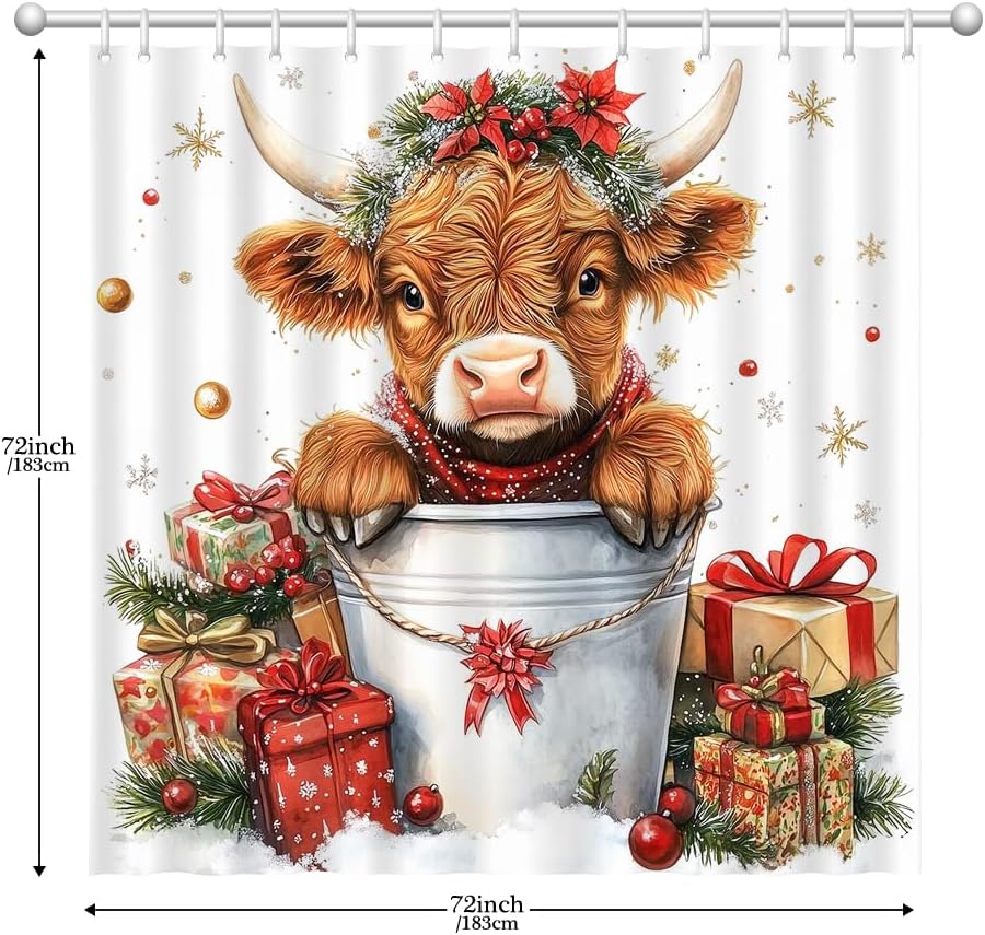 Cute Christmas Highland Cow Shower Curtain Waterproof Polyester For Bathroom Decor,Merry Xmas Red Western Rustic Bull Floral