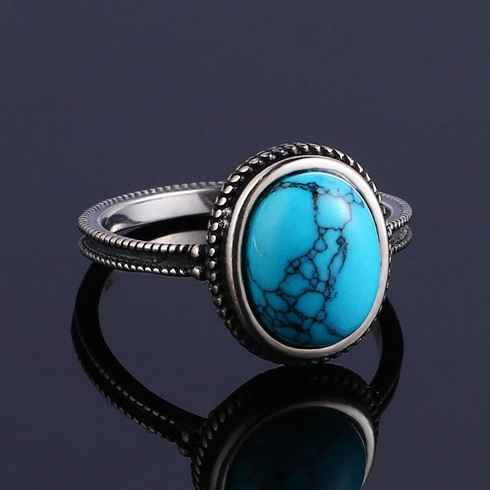 100% 925 Sterling Silver Ring Oval 8*10MM Natural Turquoise Vintage Ring Female Party Anniversary Gift Wholesale