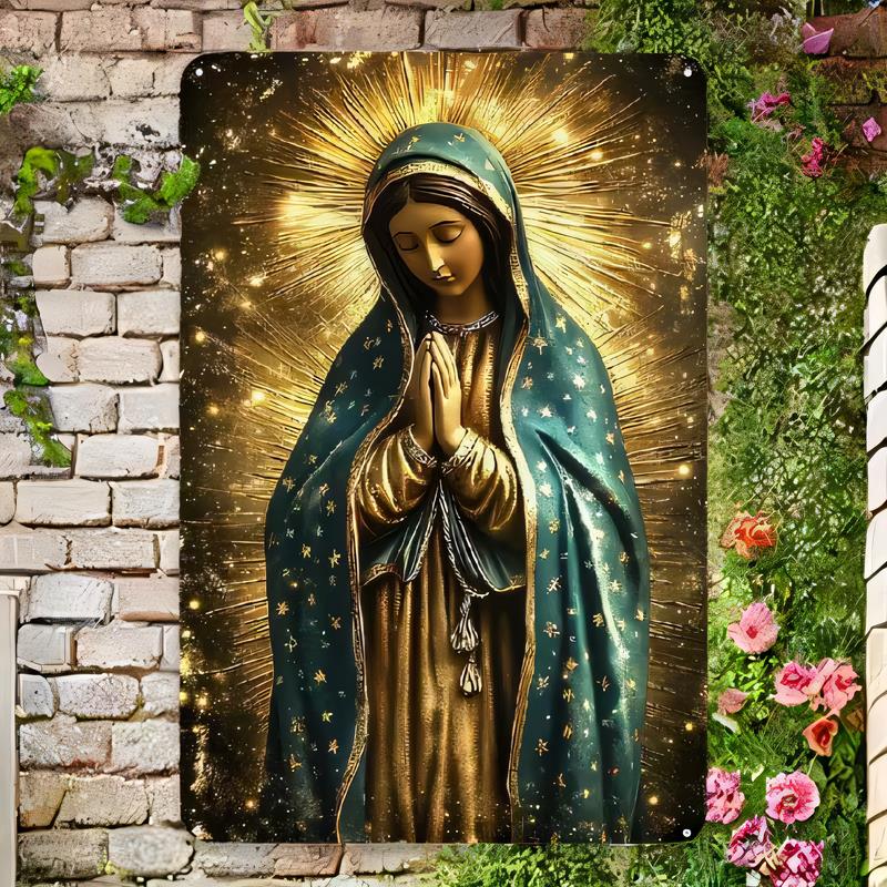 Tin Sign Religious Blessed Virgin Mary Sacred Heart Starry Night Wall Decor Vintage Metal Plaque Poster for Church Chapel Home O
