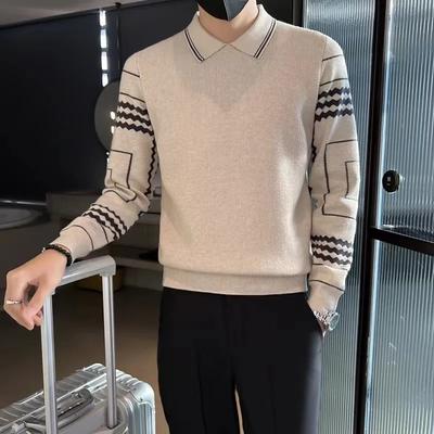 Polo-Kragen Pullover Herren Slim Fake Zweiteiliges Gestricktes Unterhemd Herbst- und Wintermode Kontrastierendes Geometrisches Oberteil