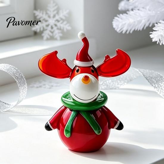 Decorative Colorful Glass Tree Christmas Figurine, Handmade Santa Deer Desk Decor, Unique Desktop Gift Miniature Holiday Tabletop Ornament for