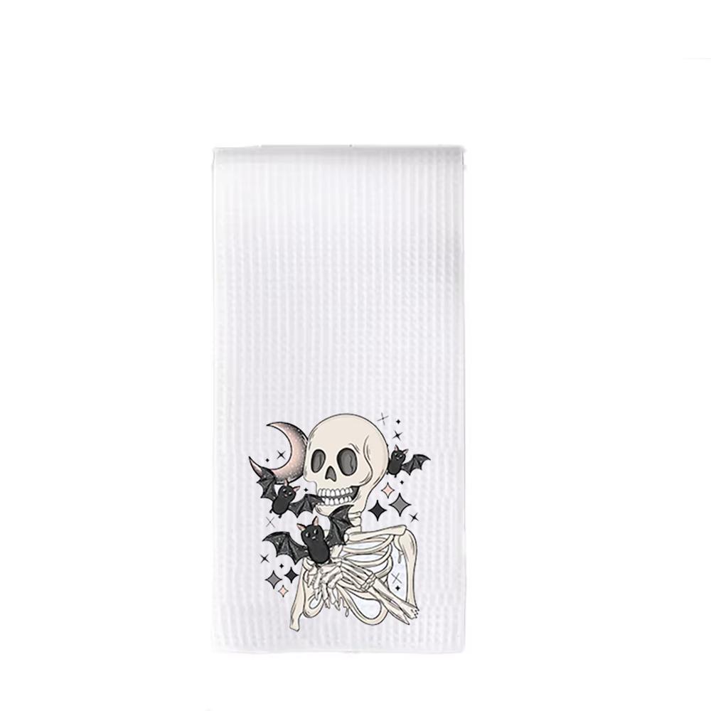 

Skeleton Holding A Cat Waffle Tea Towel Halloween Spooky Skeleton Kitchen Decoration Dish Towel Witchy Housewarming Hostess Gift 1pcs 30x70cm