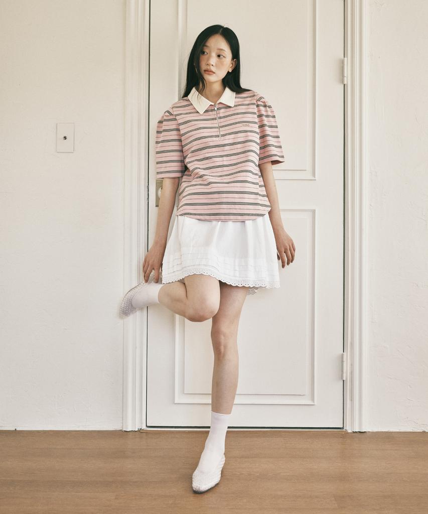 ROIROI Volume Sleeve Striped Collared Short Sleeve Tee - Pink