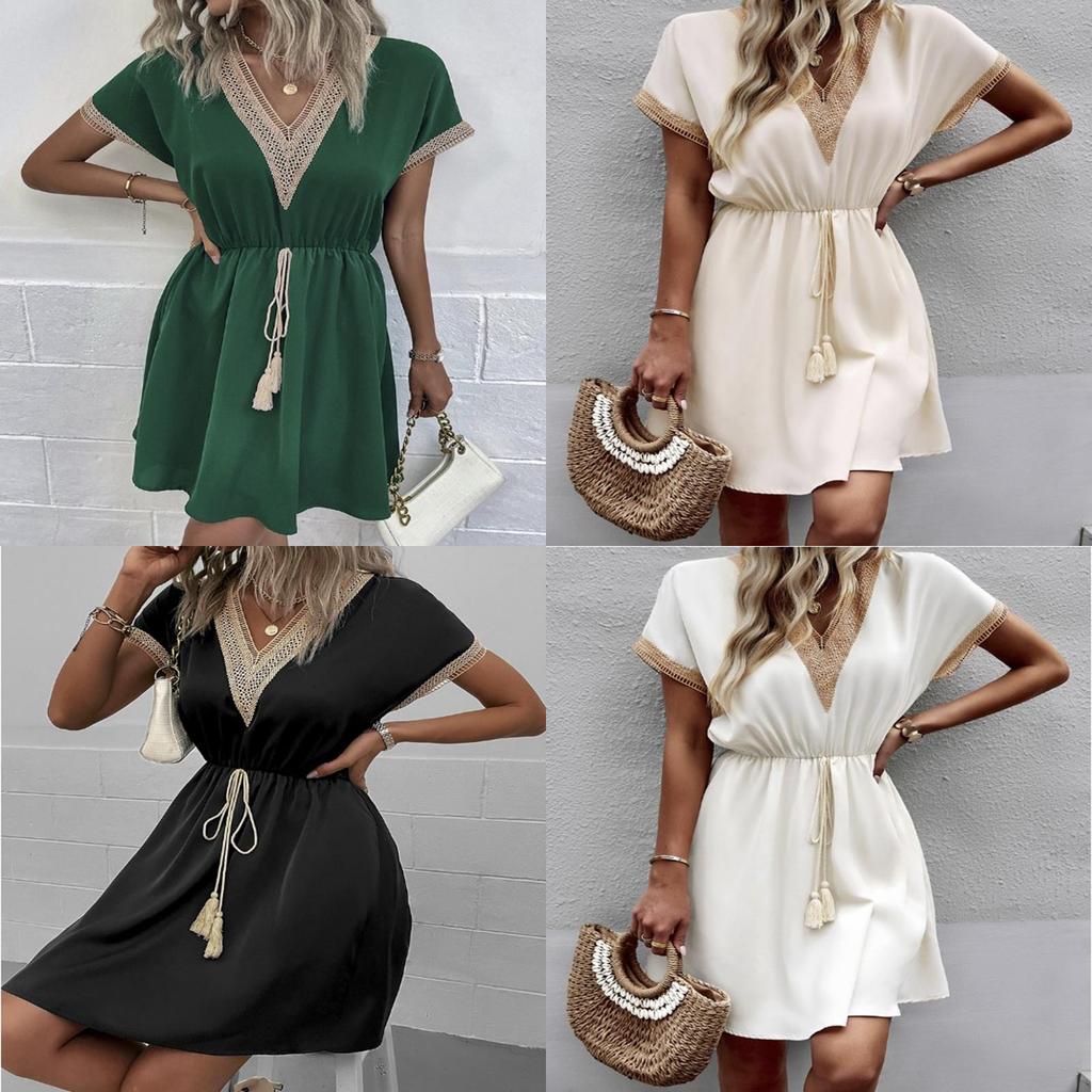 Summer Casual Crochet Vneck Dress With Short Sleeves For Women