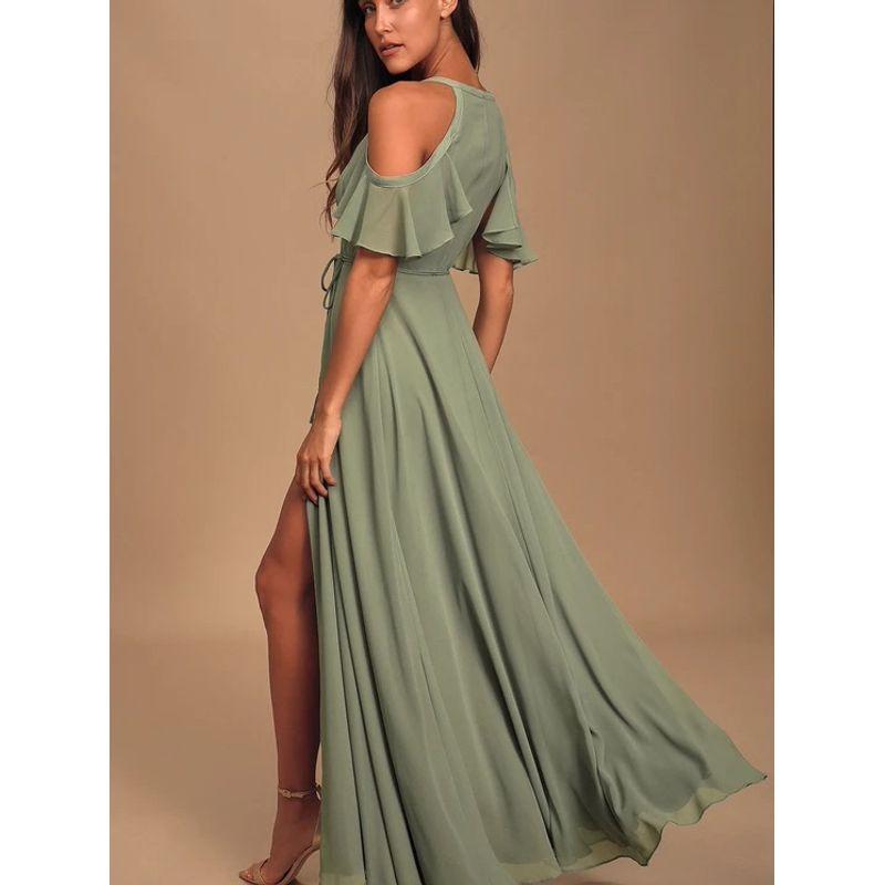 Lu's Export Single Boutique Model Unexpected Elegance Split Long Legs off-the-Shoulder Strap One Piece Formal Dress