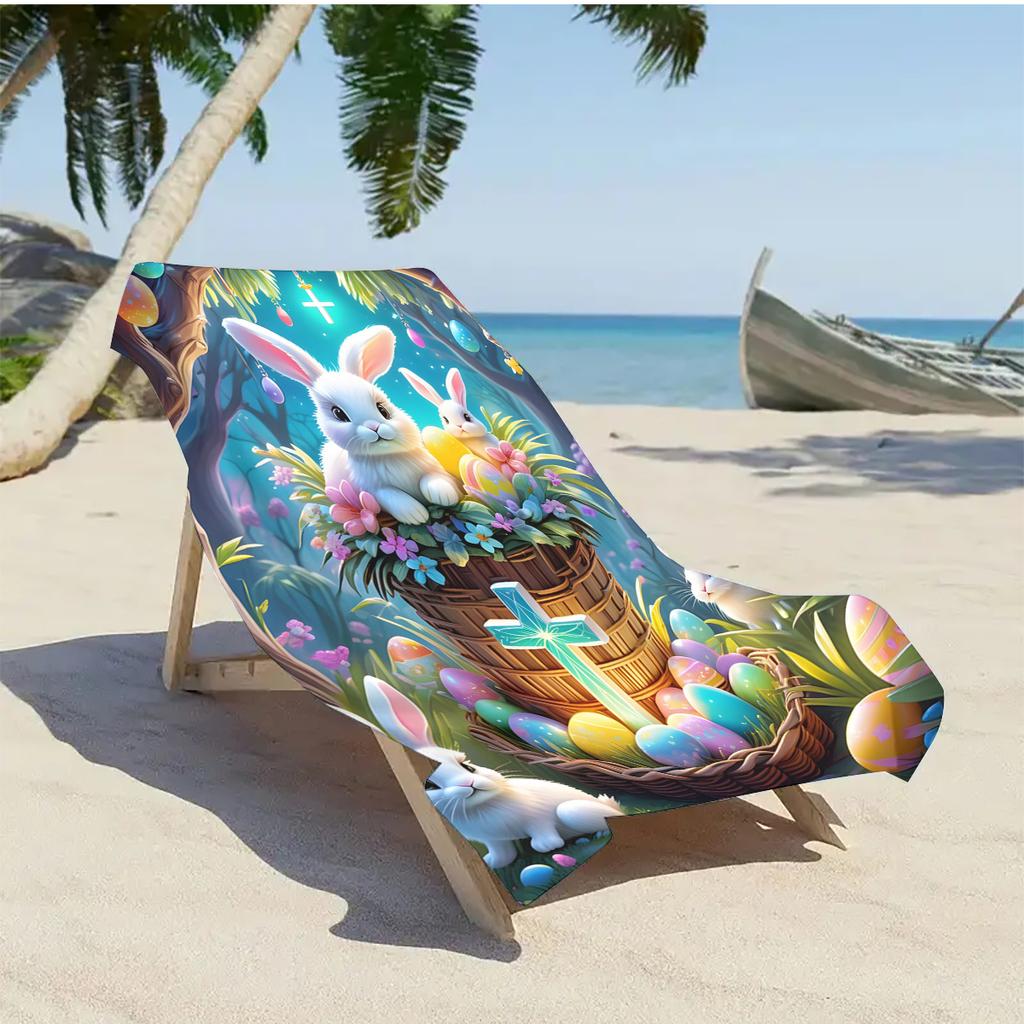 1Pc Cartoon Rabbit Egg Basket Beach Towel Healing High Aesthetic Beach Vacation Swimming Large Towel For Relaxation And Play