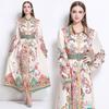 Spring Autumn Women Vintage Designer Print Runway Dresses Turn-down Collar Single Breasted Long Maxi Party Shirt Dress With Belt