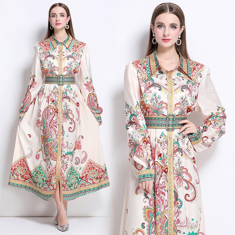 Spring Autumn Women Vintage Designer Print Runway Dresses Turn-down Collar Single Breasted Long Maxi Party Shirt Dress With Belt