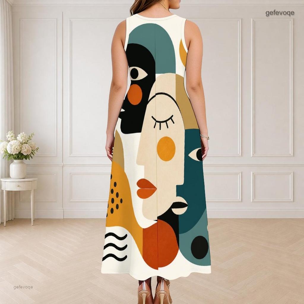Women Plus Size Sleeveless Round Neck Triple Keyhole Cutout Abstract Print Maxi Dress
