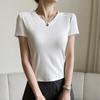 Popular Summer V-neck Front Shoulder Short-sleeved T-shirt for Women's Fish Bone Slim Solid Color Trendy Brand Basic Model Modal Top