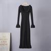 New Fall/Winter Bell-Sleeve Knit Sweater Dress for Women Stylish and Elegant Single-Breasted Ruffled Patchwork Pullover Knit Fishtail Dress