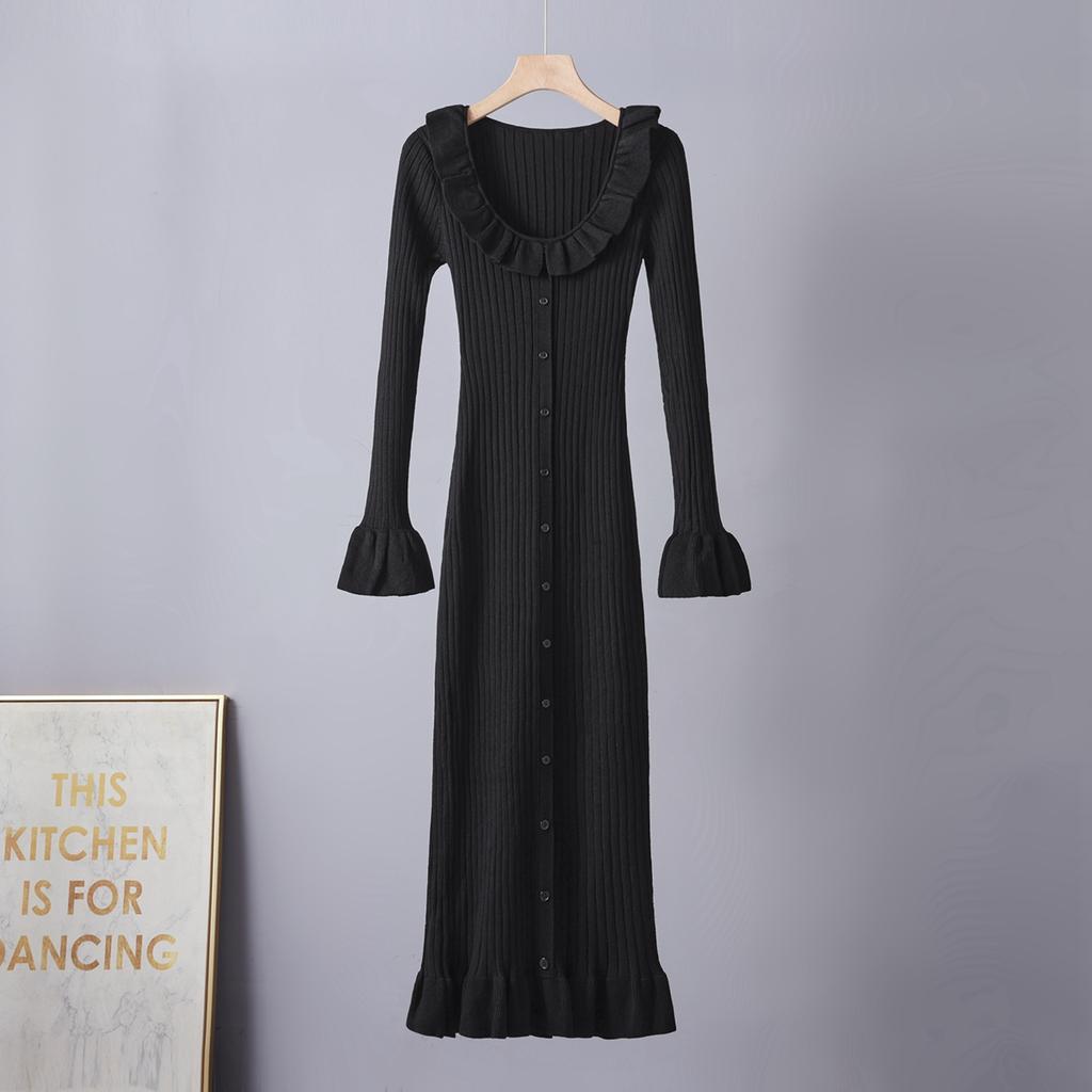 New Fall/Winter Bell-Sleeve Knit Sweater Dress for Women Stylish and Elegant Single-Breasted Ruffled Patchwork Pullover Knit Fishtail Dress