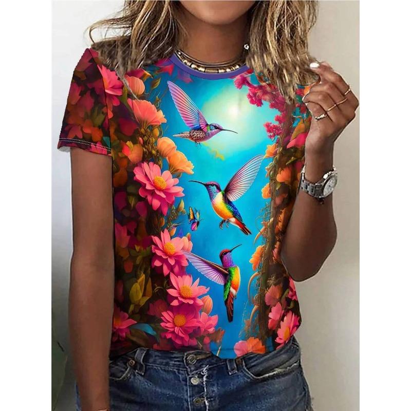 Women s casual T-shirt with hummingbird and tropical flower print 2XS