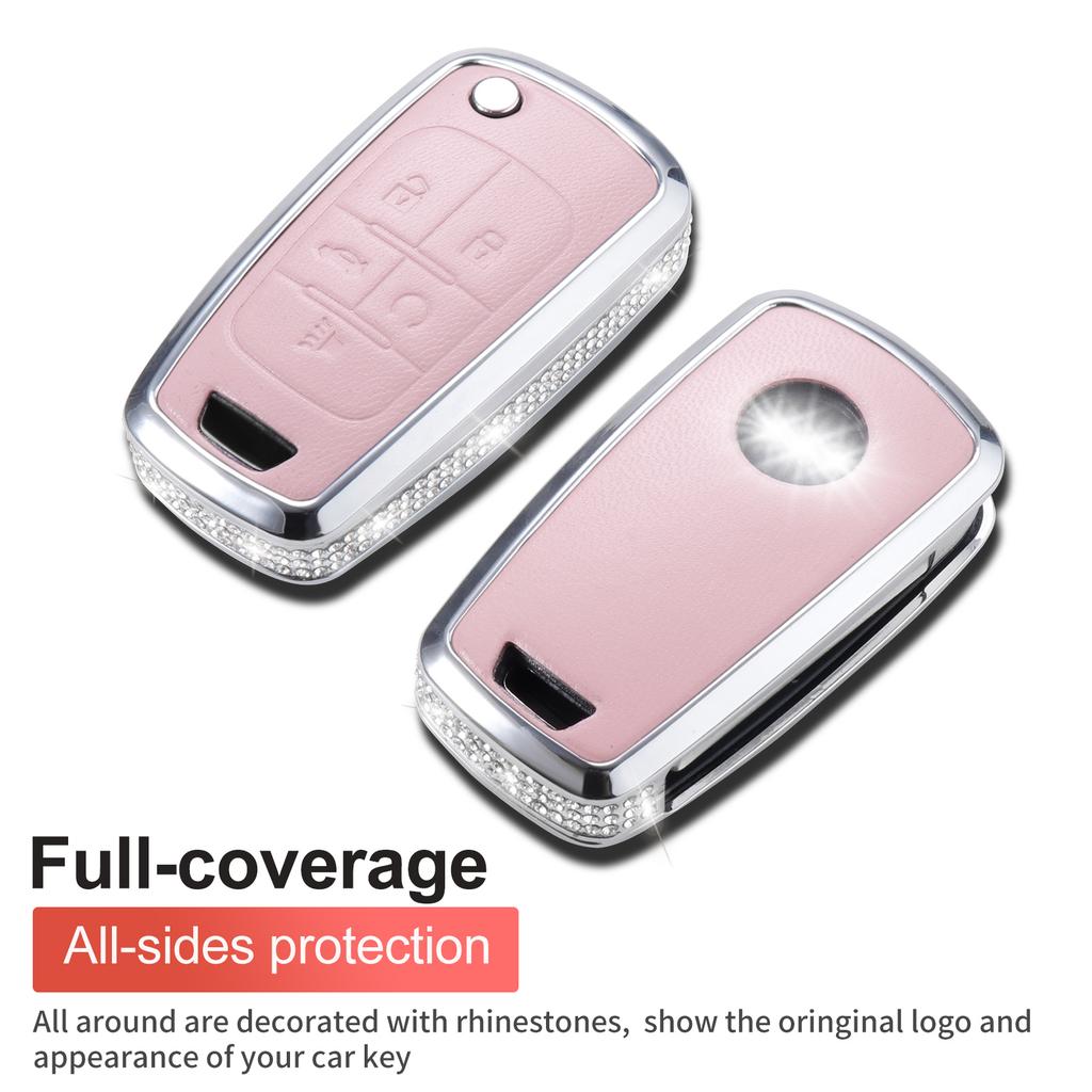For Chevy Key Fob Cover with Keychain, Pink Leather Crystal Key Case Protection Shell Compatible with Chevrolet Equinox Camaro C