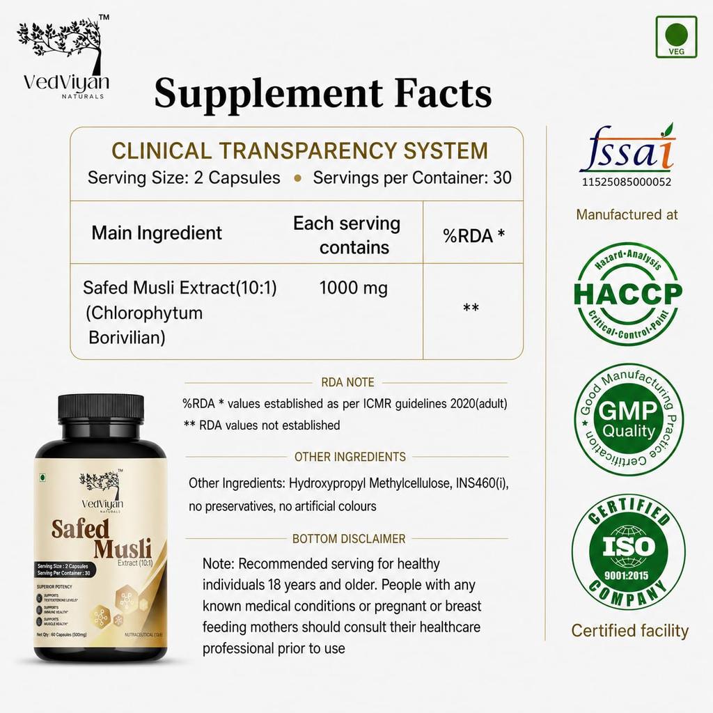 VedViyan Naturals Safed Musli Extract (10:1) Capsules 500 mg 60 veg capsules| Improves Strength, stamina, Manage stress and anxiety| 100% natural