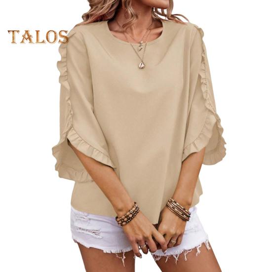 

Женские топы с круглым вырезом, кружевной отделкой, рукавом 3/4, однотонные свободные топы, футболка на каждый день S абрикосовый