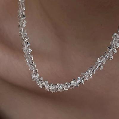 Chokerhalskette mit mehreren Glasperlen im Mulit-Cut-Stil für Damen, transparent, Vintage, koreanischer Schlüsselbeinkragen, Halsschmuck