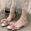 Fashion Flower High Heeled Sandals Designer Women Slippers Mules Shoes Elegant Square Toe Summer 2025 Dress Pumps Trend Chunky Mujer