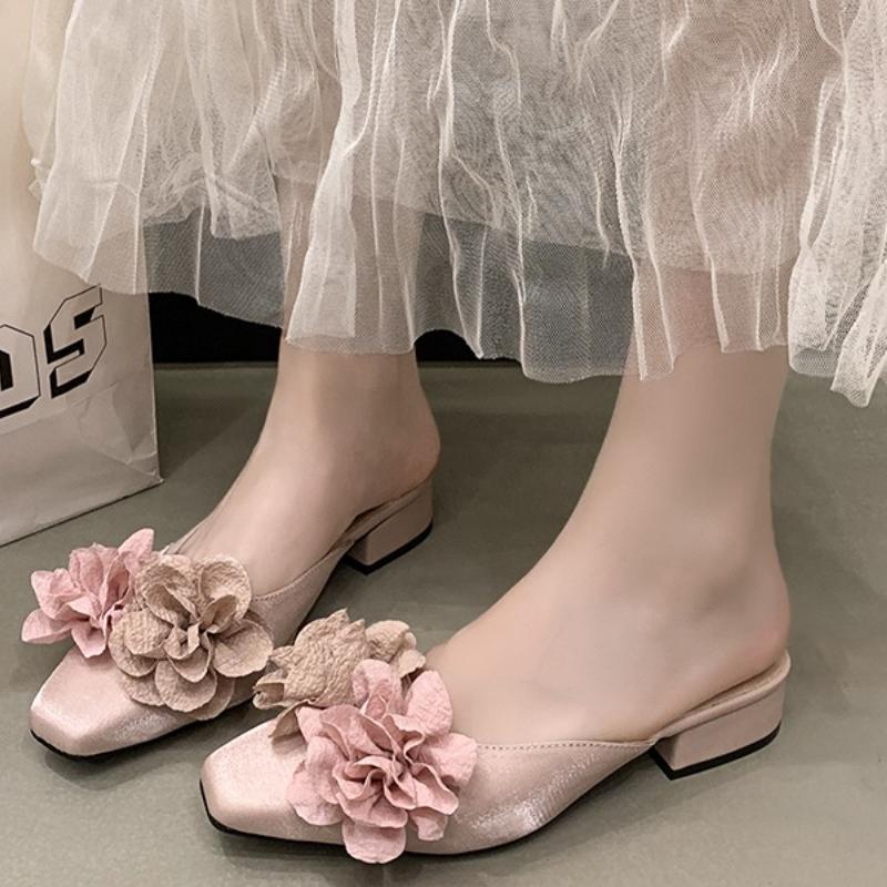 Fashion Flower High Heeled Sandals Designer Women Slippers Mules Shoes Elegant Square Toe Summer 2025 Dress Pumps Trend Chunky Mujer