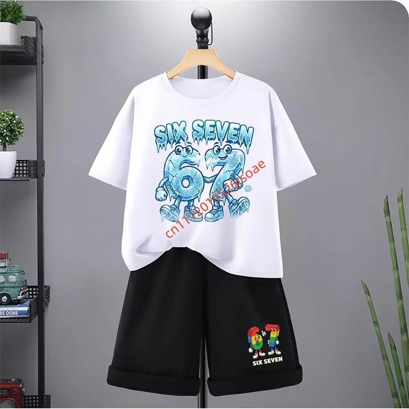 67 Çocuk Tişört 3-12 Yaş Yaz Altı Yedi Baskılı Kısa Kollu Sevimli Komik Moda Erkek Kız Bebek Üst+Şort 2 Parça Günlük Set