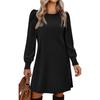 Autumn and winter polished pit strips solid color round neck bubble sleeves medium and long dresses women's clothing