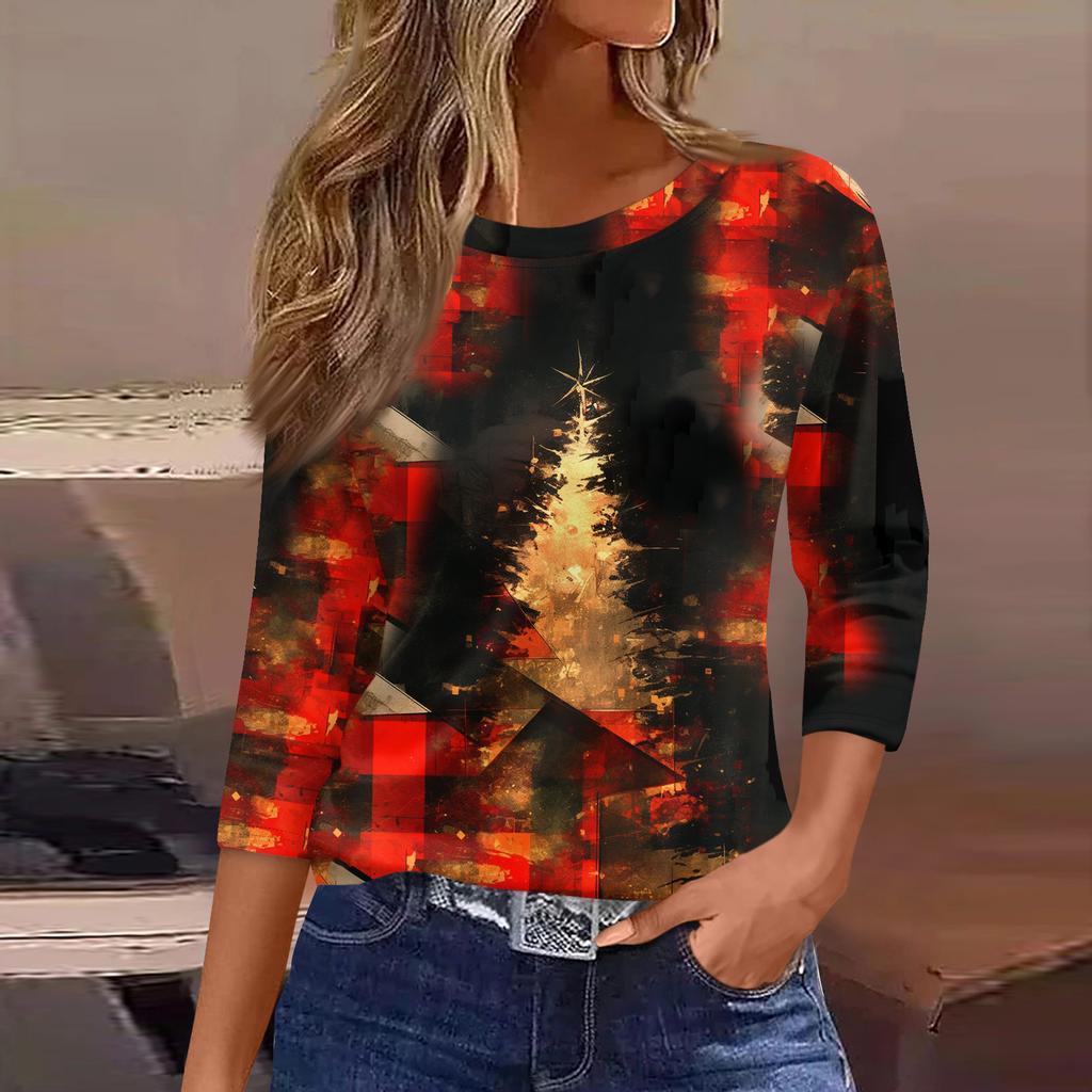 3/4 Length Sleeve Womens Tops Floral Print Vintage Fashion Casual Loose With Round Neck Plus Size Shirts