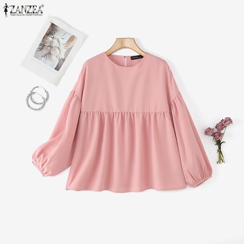 ZANZEA Women Casual Round Neck Puff Long Sleeve Loose Blouse