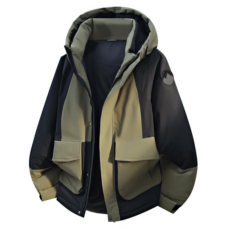 Trendy Hooded Patchwork Down Jacket for Couples: Autumn/Winter, Two-Way Zipper, 90% White Duck Down, Fashion Forward