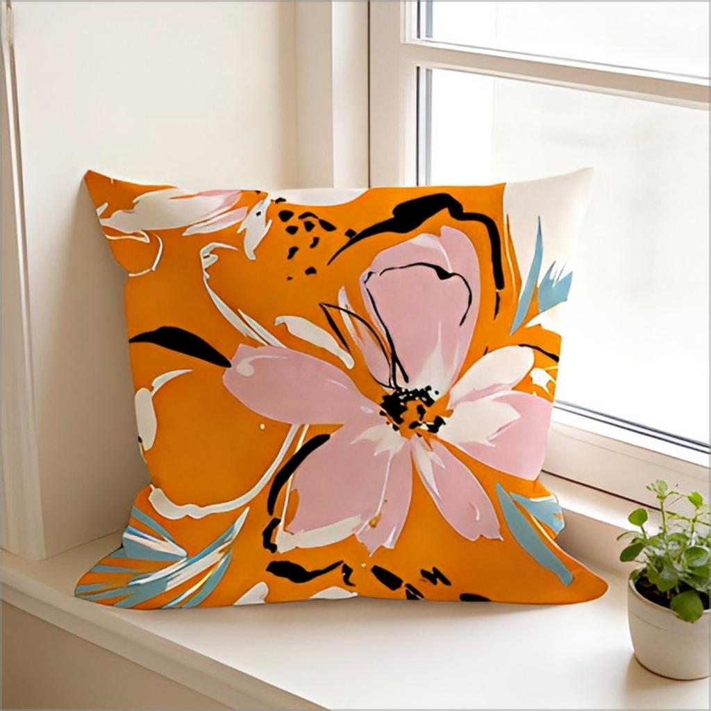 Double Sided Vibrant Abstract Floral Pillow Cover Bold Orange Pink Flower Print Soft Throw Pillow Case For Modern Home Decor