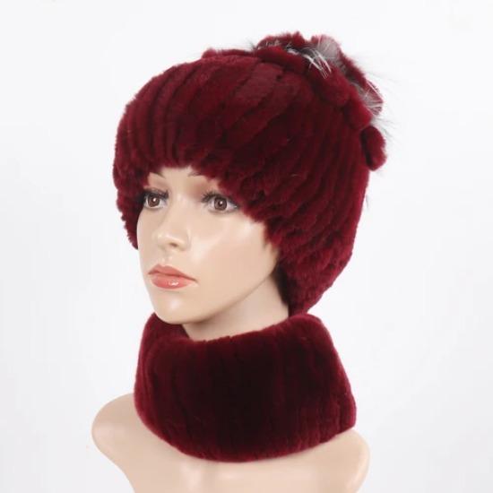 Knitted Women Warm Rex Rabbit Fur Hat Scarf Sets Winter Natural Rex Rabbit Fur Cap Scarves Russia Lady Fur Hats Muffler 2 Pieces