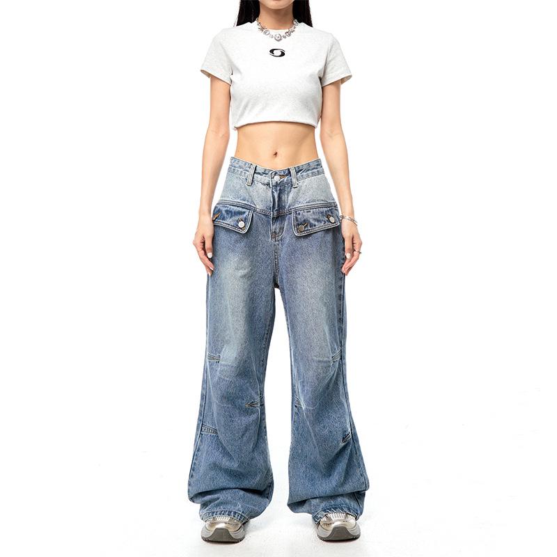 

Джинсы широкого кроя в стиле ретро хай-стрит на весну 2025 года для мужчин и женщин Small синий