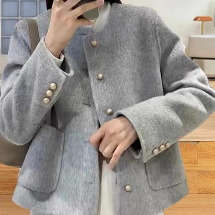 Petite Women s Double-Sided Wool Coat: Small Luxury Style, Round Neck, Single-Breasted Design 3XL серый