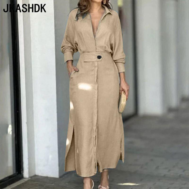 JKASHDK Naiste moe kevadsügise ühevärvilised trükitud pikkade varrukatega POLO kaelaga kõrge vöökohaga vabaajakleidid