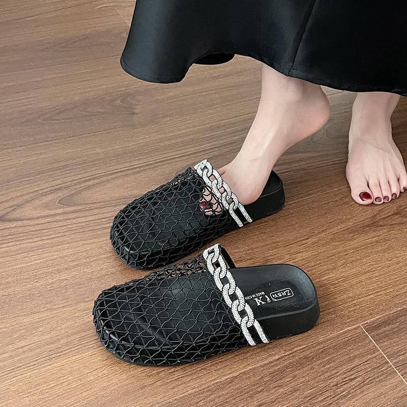 Niche design fishing net splicing bag head slippers women's summer new versatile thick bottom mesh cool slippers half drag