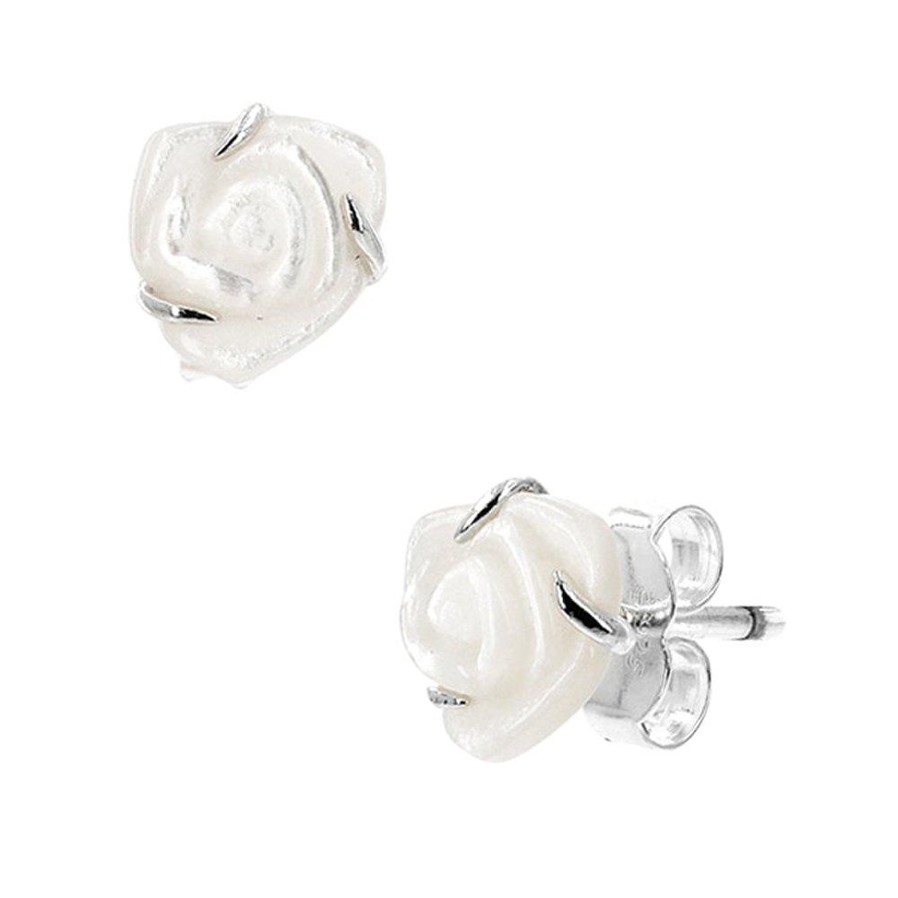Pandora 293209C01 Moment White Rose in Bloom Stud Silver Earrings