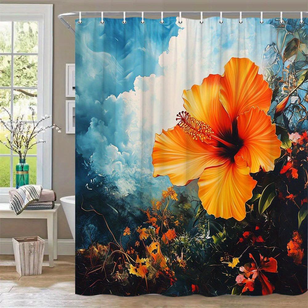 1Pc Tropical Hibiscus Shower Curtain - Vibrant Orange Flower & Green Leaves Design, Realistic Nature Art With Dramatic Cloudy