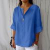 Damen V-Ausschnitt Dreiviertelarm Pullover Bluse Baumwolle Leinen Lockere Passform Lässiges Oberteil für den Sommer Ohne Farbangabe