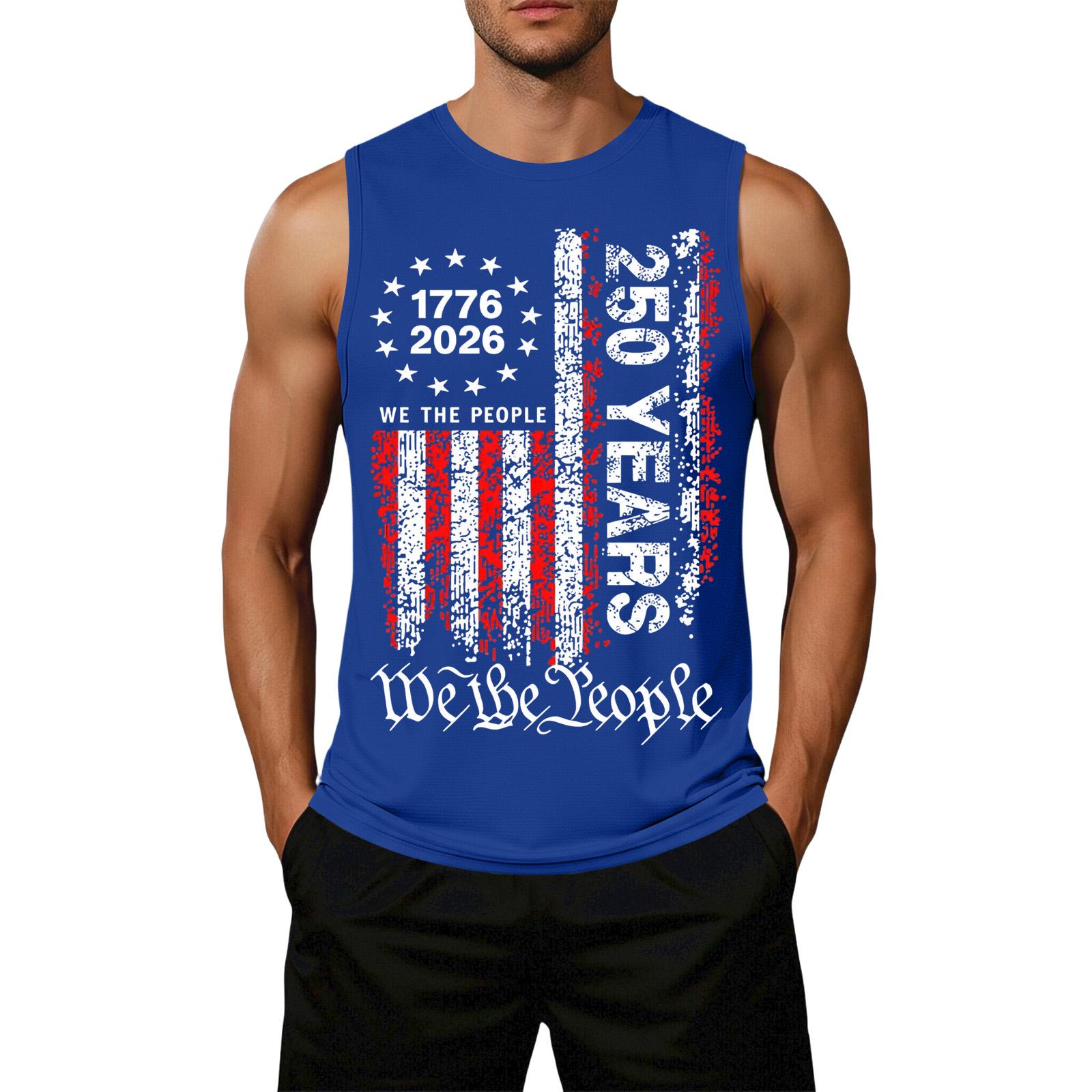 

Men s Loose Fit Casual Sleeveless Top Flag Print Graphic Design Comfortable Summer Shirt Lightweight Breathable Fabric XL синий